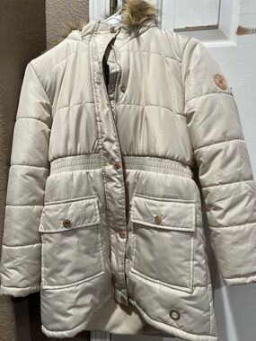 BCBGirls Cream Quilted Puffer Coat with Faux Fur Trimm
